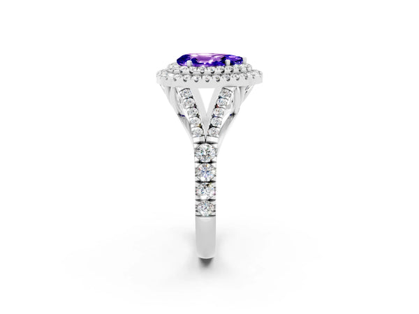 White gold Pear Cut Tanzanite Pavé Split Shank Double Halo Engagement Ring