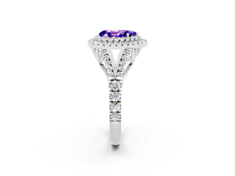 White gold Pear Cut Tanzanite Pavé Split Shank Double Halo Engagement Ring_2