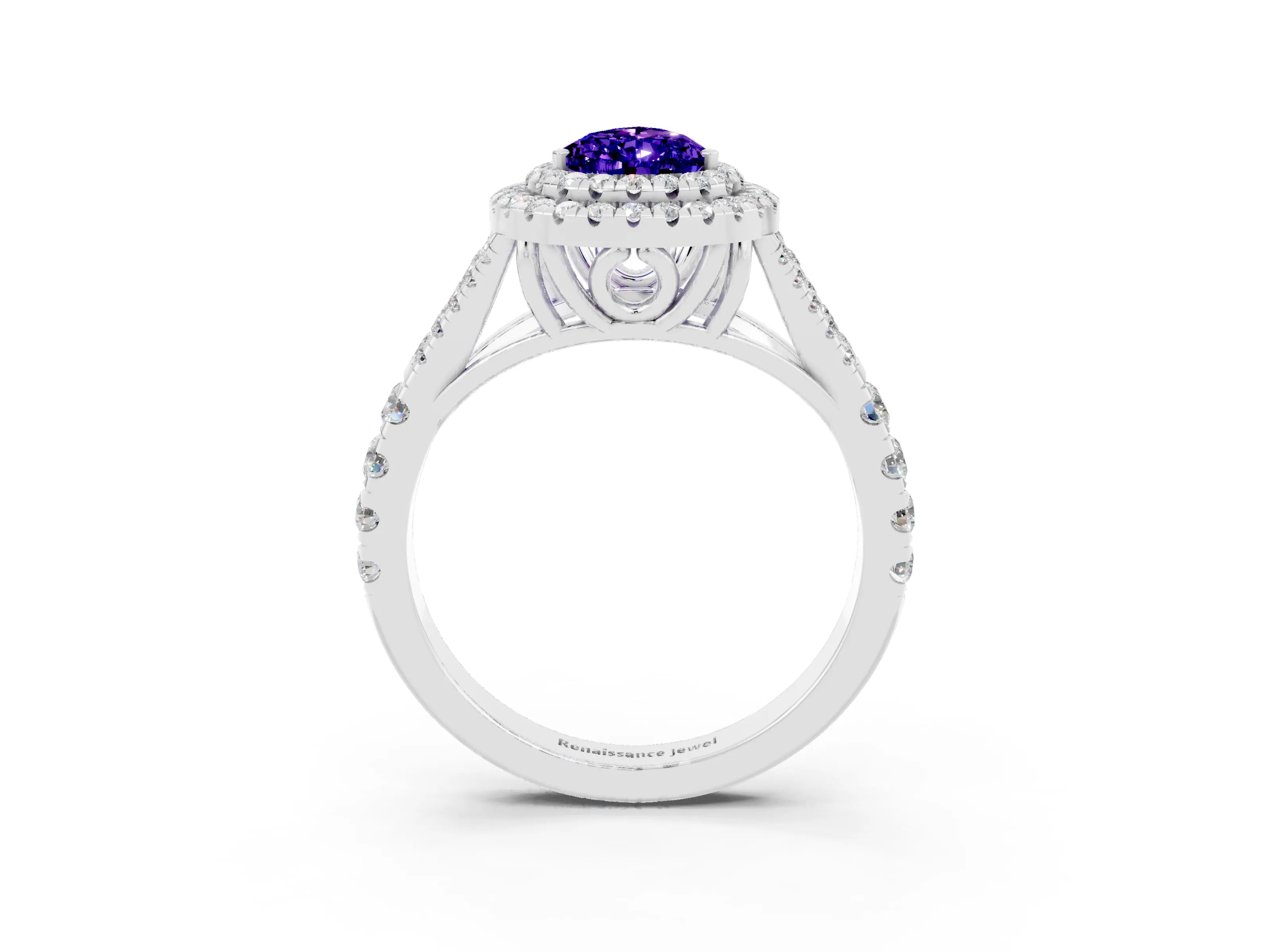 White gold Pear Cut Tanzanite Pavé Split Shank Double Halo Engagement Ring_3