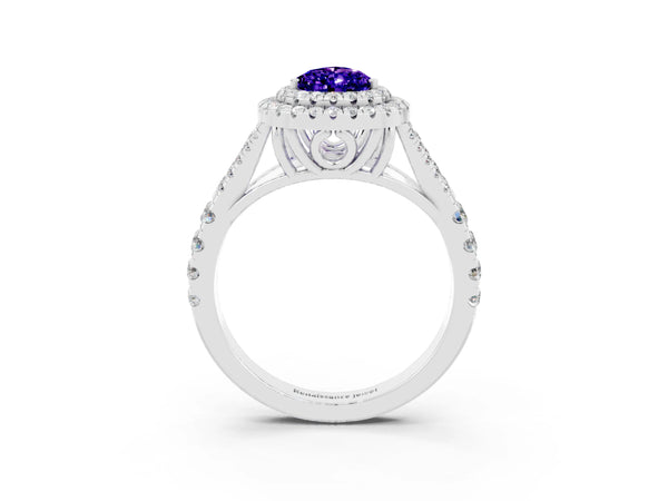 Silver Pear Cut Tanzanite Pavé Split Shank Double Halo Engagement Ring