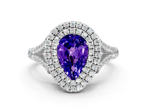 White gold Pear Cut Tanzanite Pavé Split Shank Double Halo Engagement Ring
