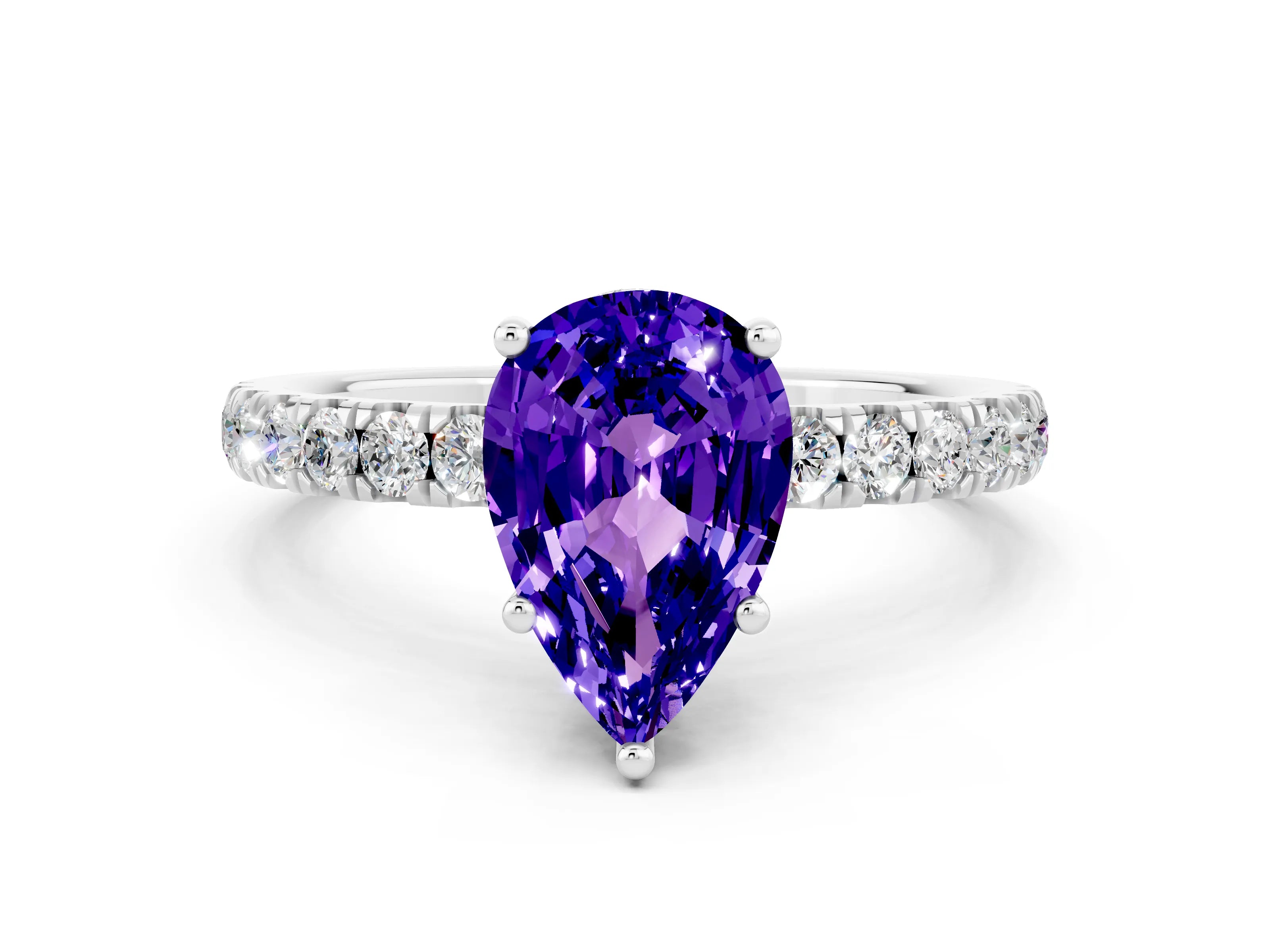 White gold Pear Cut Tanzanite Pave Band Solitaire Ring with Four-Prong Setting_24