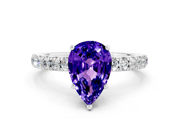 White gold Pear Cut Tanzanite Pave Band Solitaire Ring with Round  and Prong Setting
