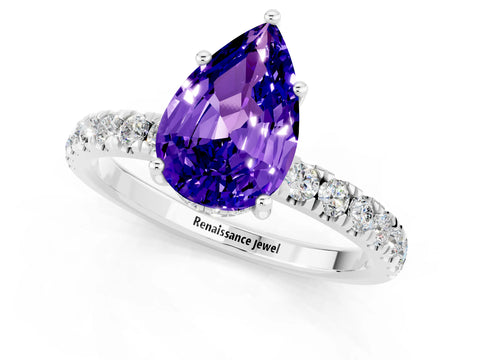 White gold Pear Cut Tanzanite Pave Band Solitaire Ring with Four-Prong Setting_25