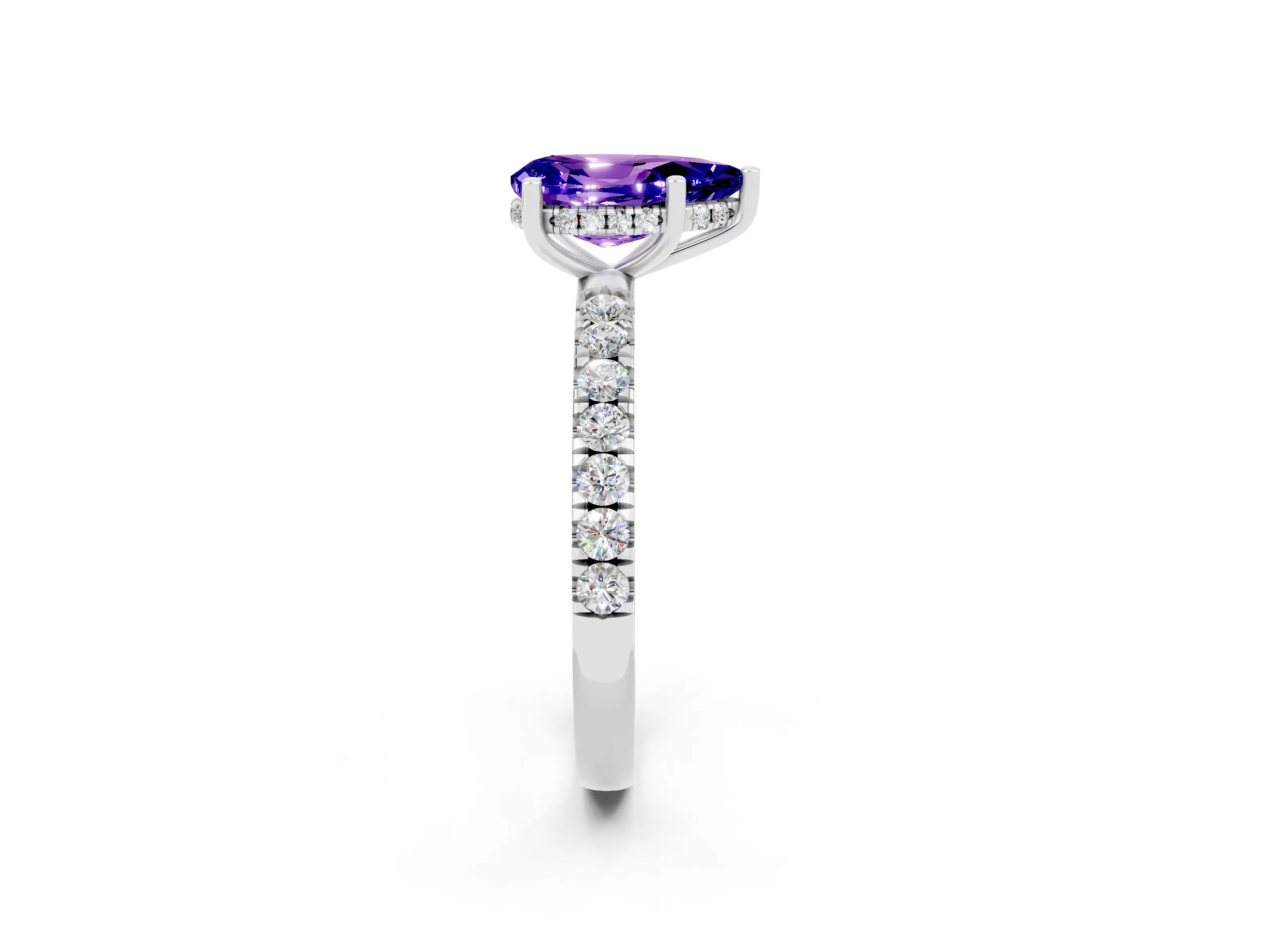 White gold Pear Cut Tanzanite Pave Band Solitaire Ring with Four-Prong Setting_26