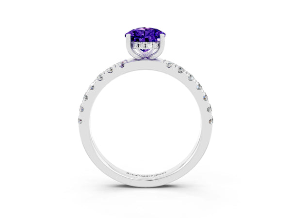 Silver Pear Cut Tanzanite Pave Band Solitaire Ring with Round  and Prong Setting