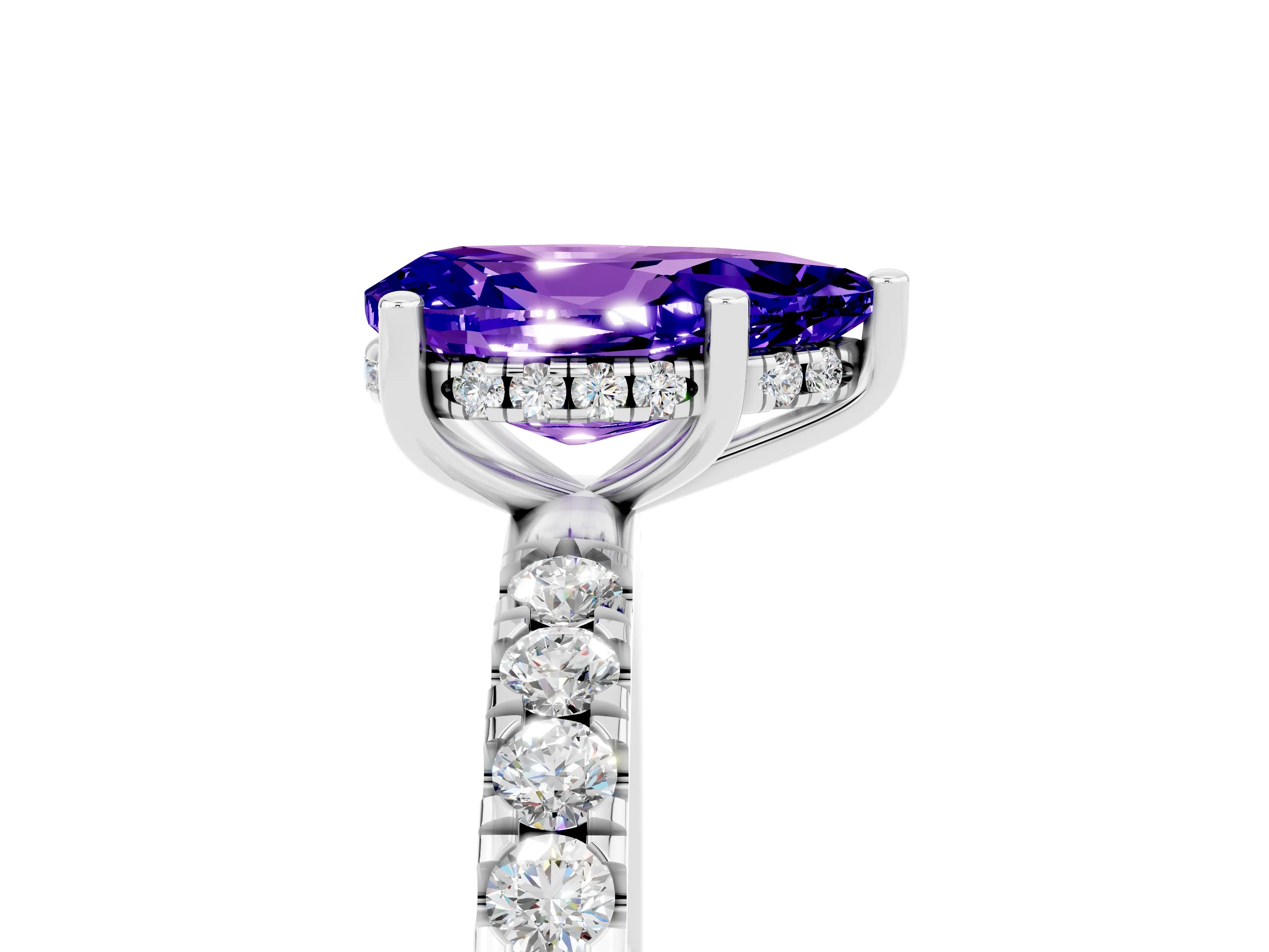 White gold Pear Cut Tanzanite Pave Band Solitaire Ring with Four-Prong Setting_29