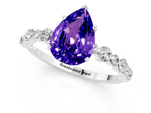 Platinum Pear Cut Tanzanite Prong Set Engagement Ring with Pavé Band