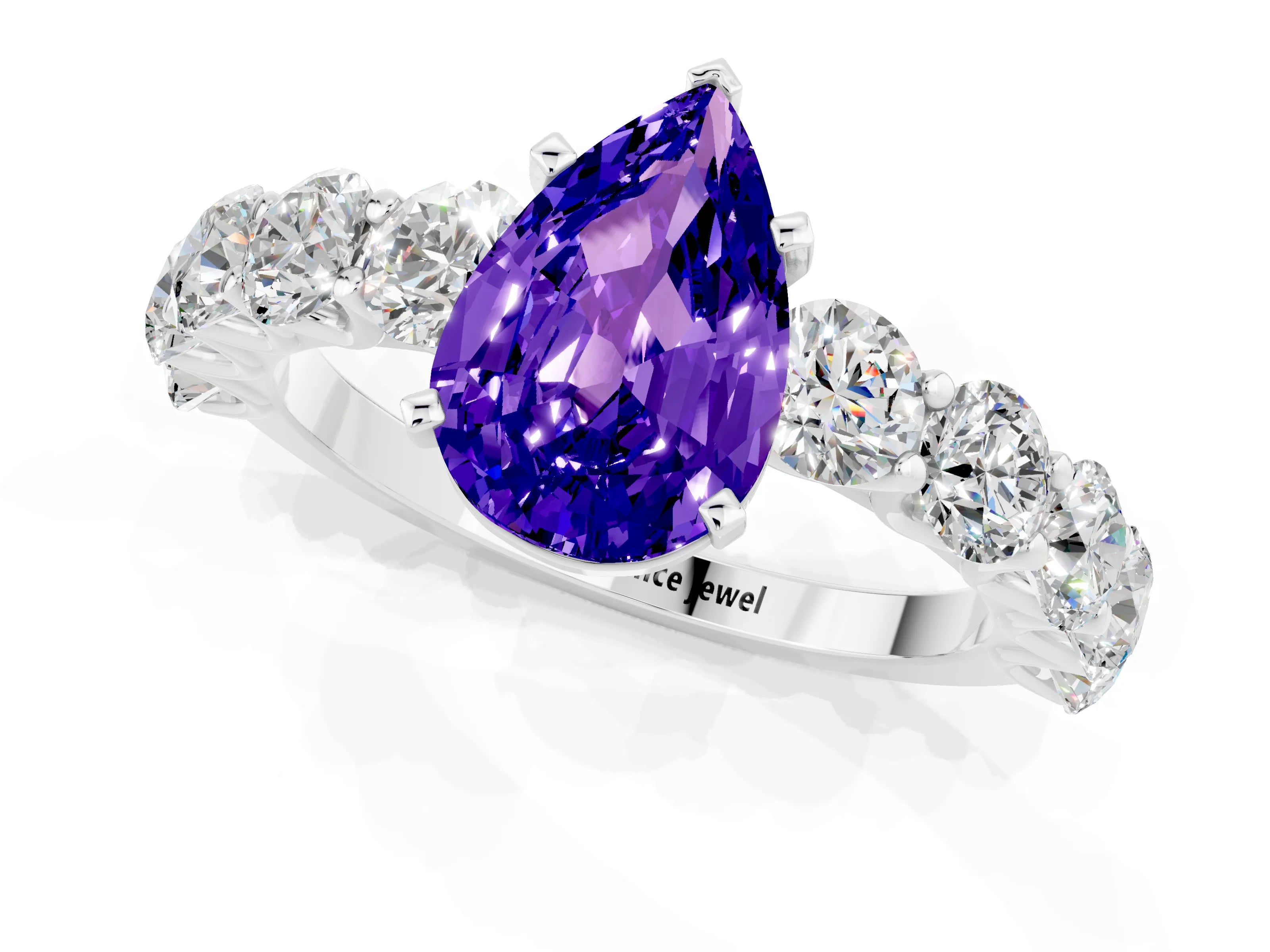 White gold Pear Cut Tanzanite Prong Setting with Side Stones on a Pave Band_1