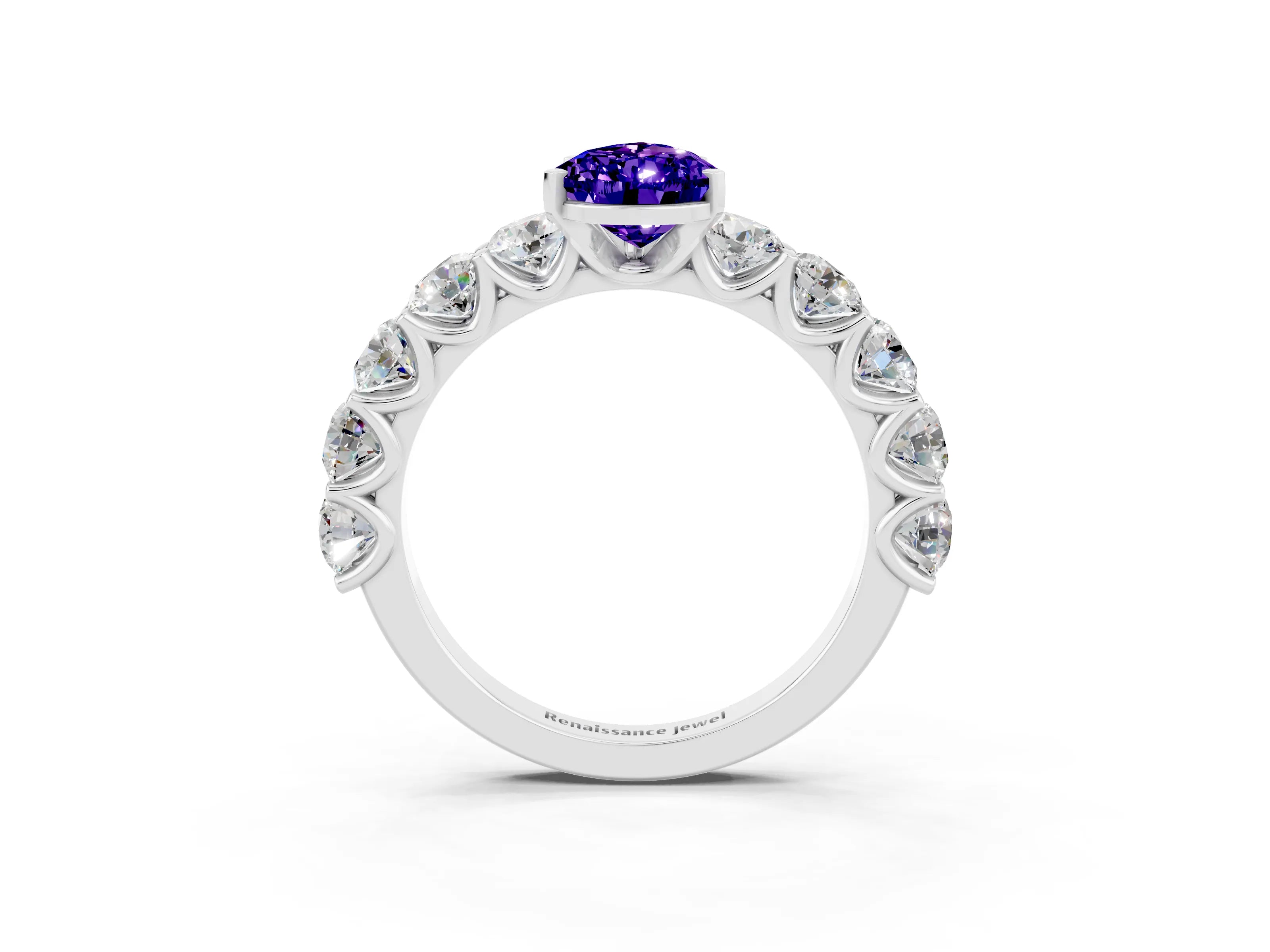 White gold Pear Cut Tanzanite Prong Setting with Side Stones on a Pave Band_3
