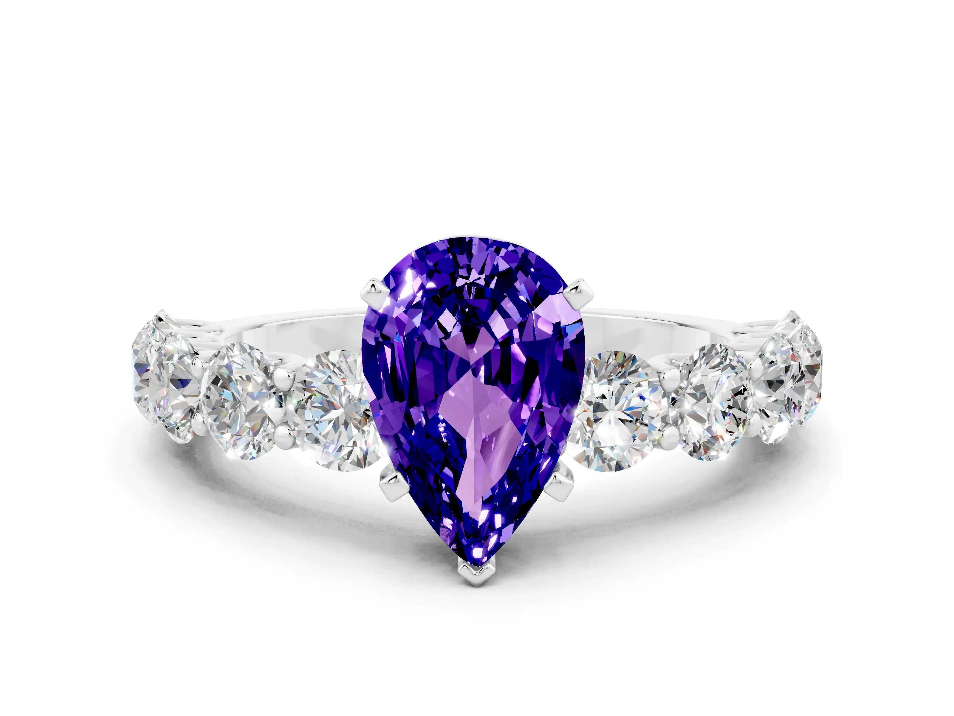 White gold Pear Cut Tanzanite Prong Setting with Side Stones on a Pave Band