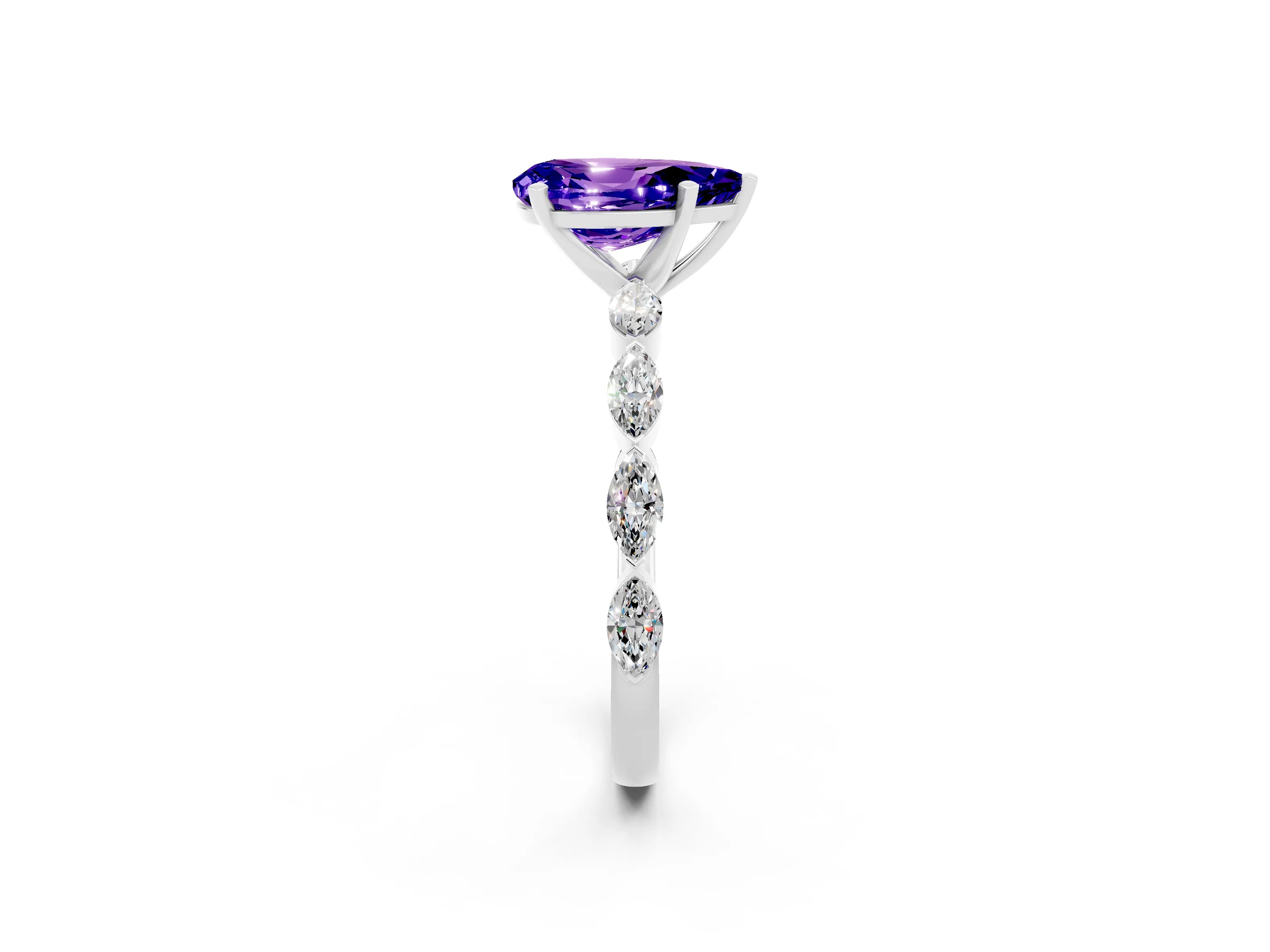 White gold Pear Cut Tanzanite Ring with Marquise Side Stones and Prong Setting_2