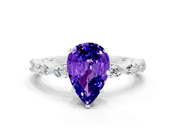 Silver Pear Cut Tanzanite Ring with Marquise Side Stones and Prong Setting