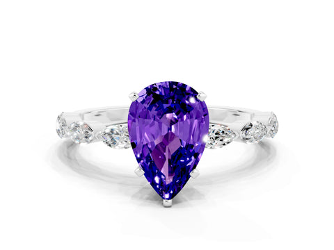 White gold Pear Cut Tanzanite Ring with Marquise Side Stones and Prong Setting