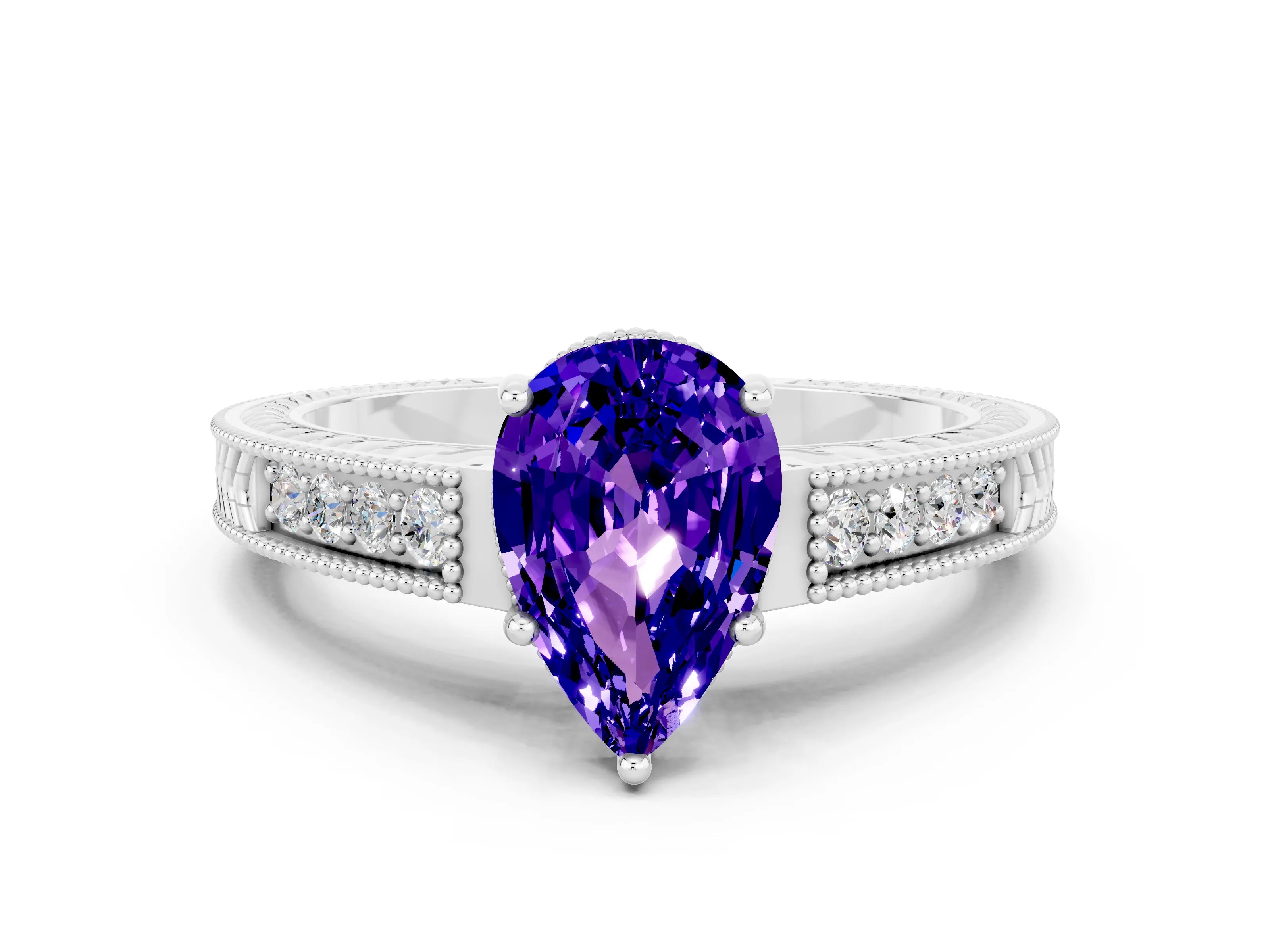 White gold Pear Cut Tanzanite Ring with Milgrain Pavé Band and Four-Prong Setting_30