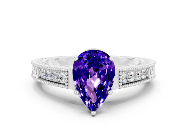 Silver Pear Cut Tanzanite Ring with Milgrain Pavé Band and Four-Prong Setting