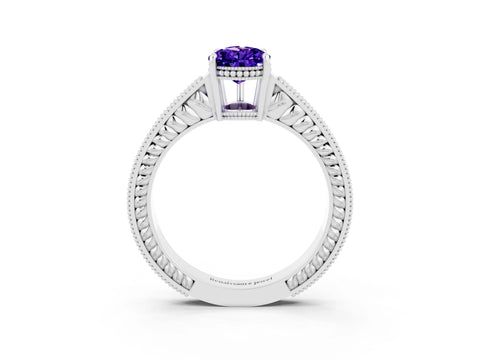White gold Pear Cut Tanzanite Ring with Milgrain Pavé Band and Four-Prong Setting_33