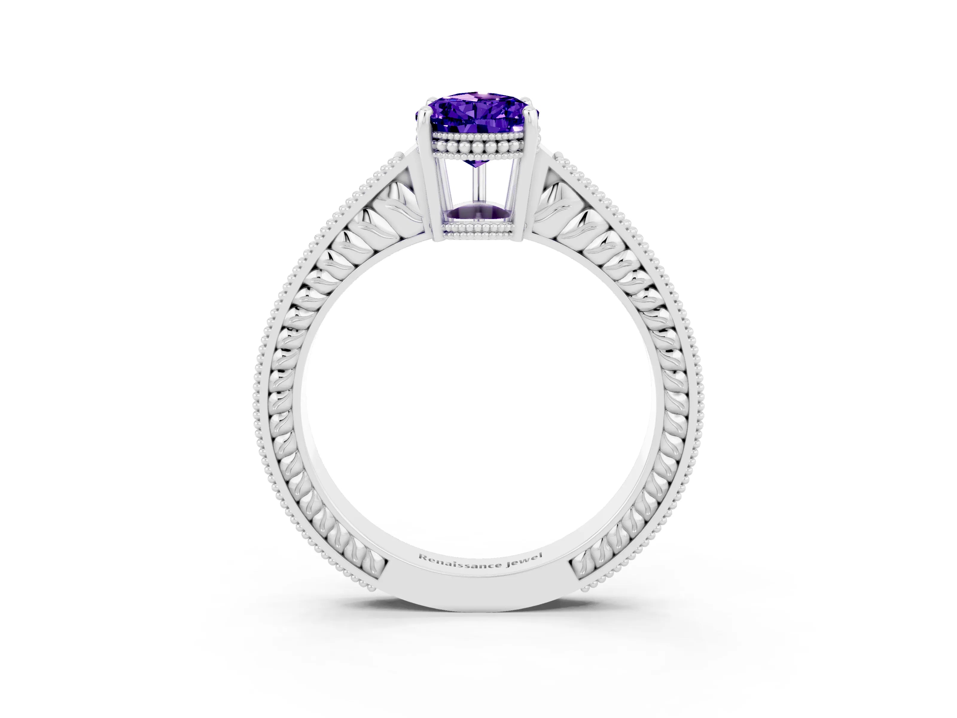 White gold Pear Cut Tanzanite Ring with Milgrain Pavé Band and Four-Prong Setting_36