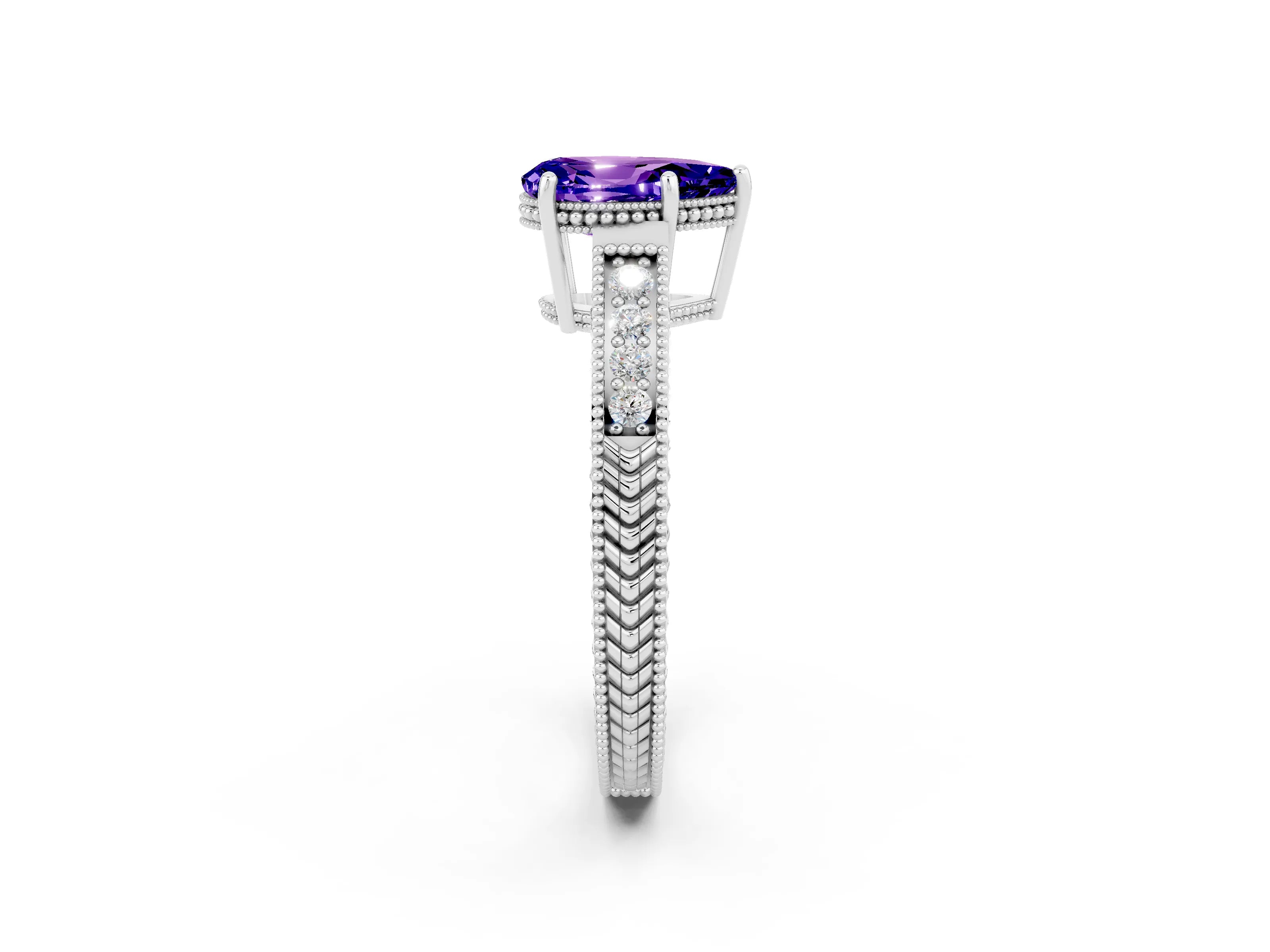 White gold Pear Cut Tanzanite Ring with Milgrain Pavé Band and Four-Prong Setting_38