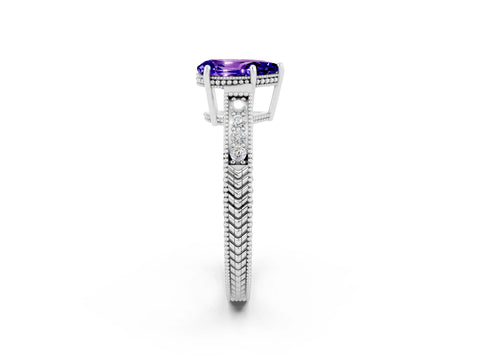 White gold Pear Cut Tanzanite Ring with Milgrain Pavé Band and Four-Prong Setting_38