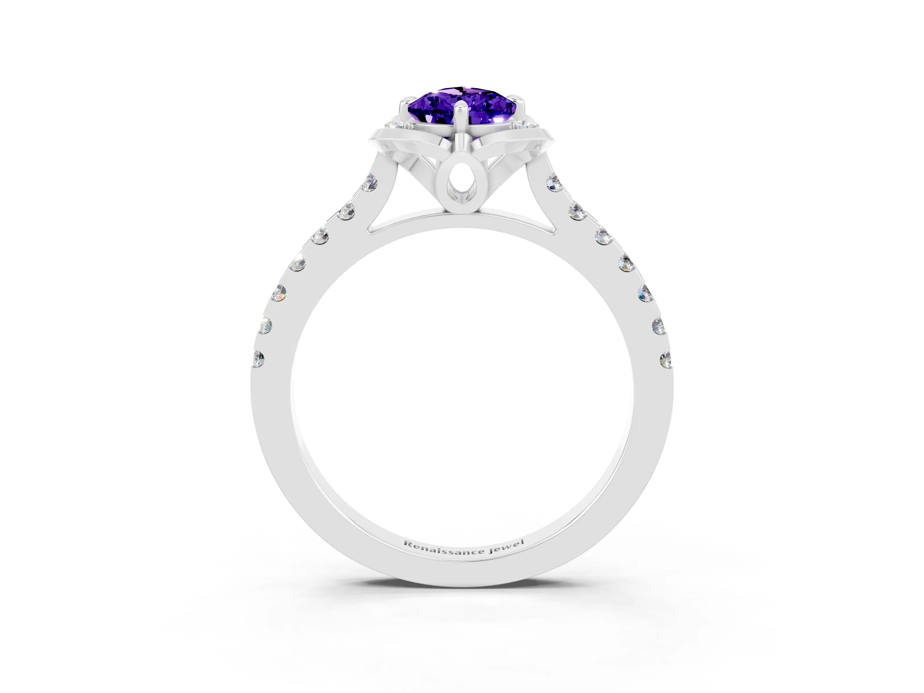 White gold Pear Cut Tanzanite Ring with Pavé Band and Floral Prong Setting_3
