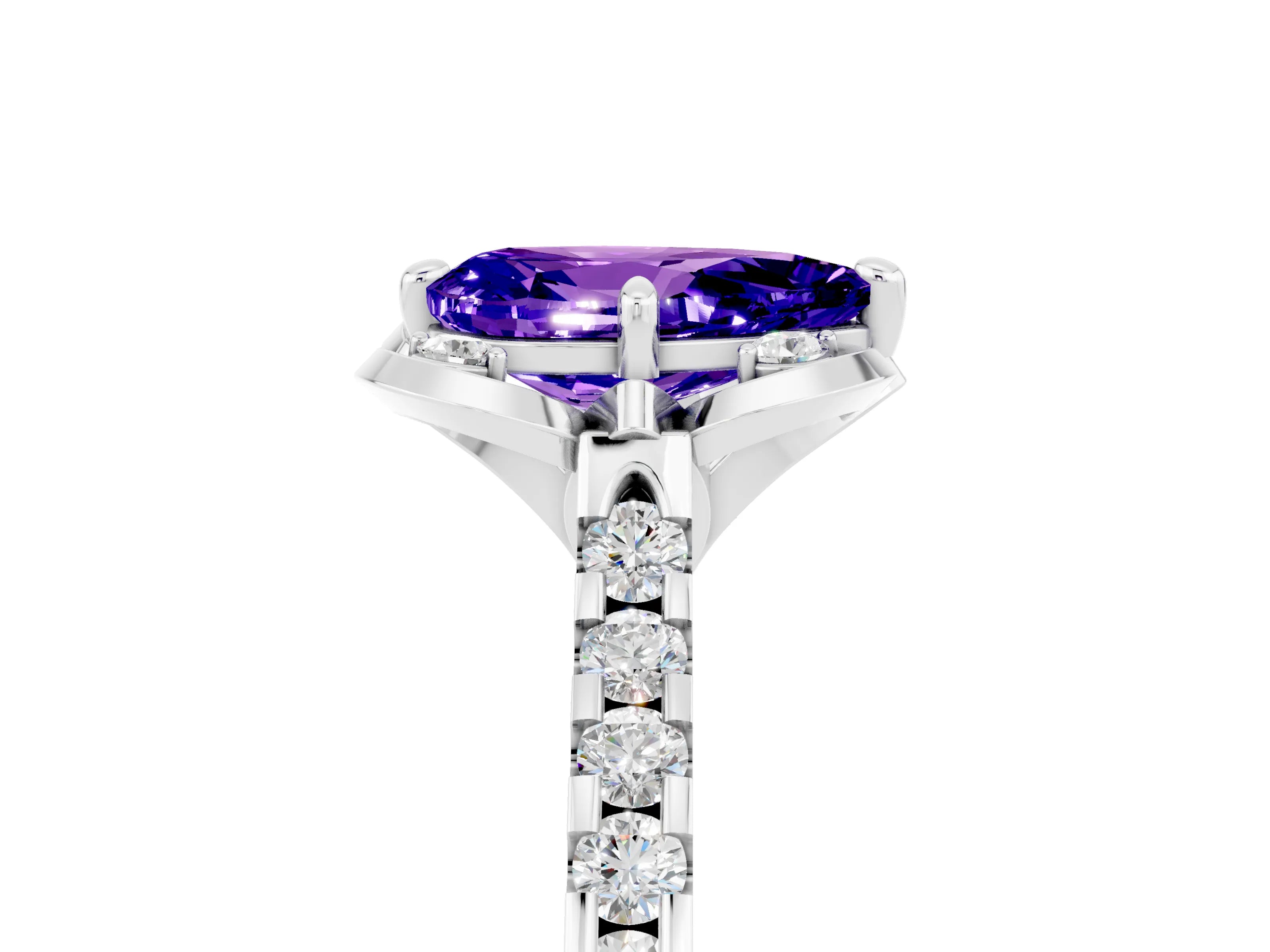 White gold Pear Cut Tanzanite Ring with Pavé Band and Floral Prong Setting_5