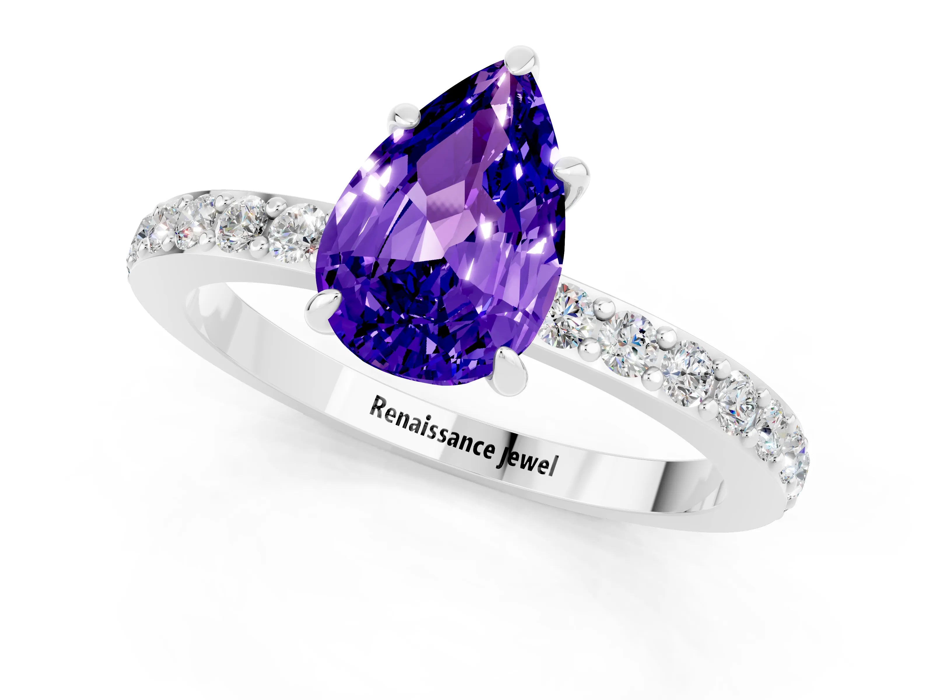 White gold Pear Cut Tanzanite Ring with Pavé Band and Four-Prong Setting_1