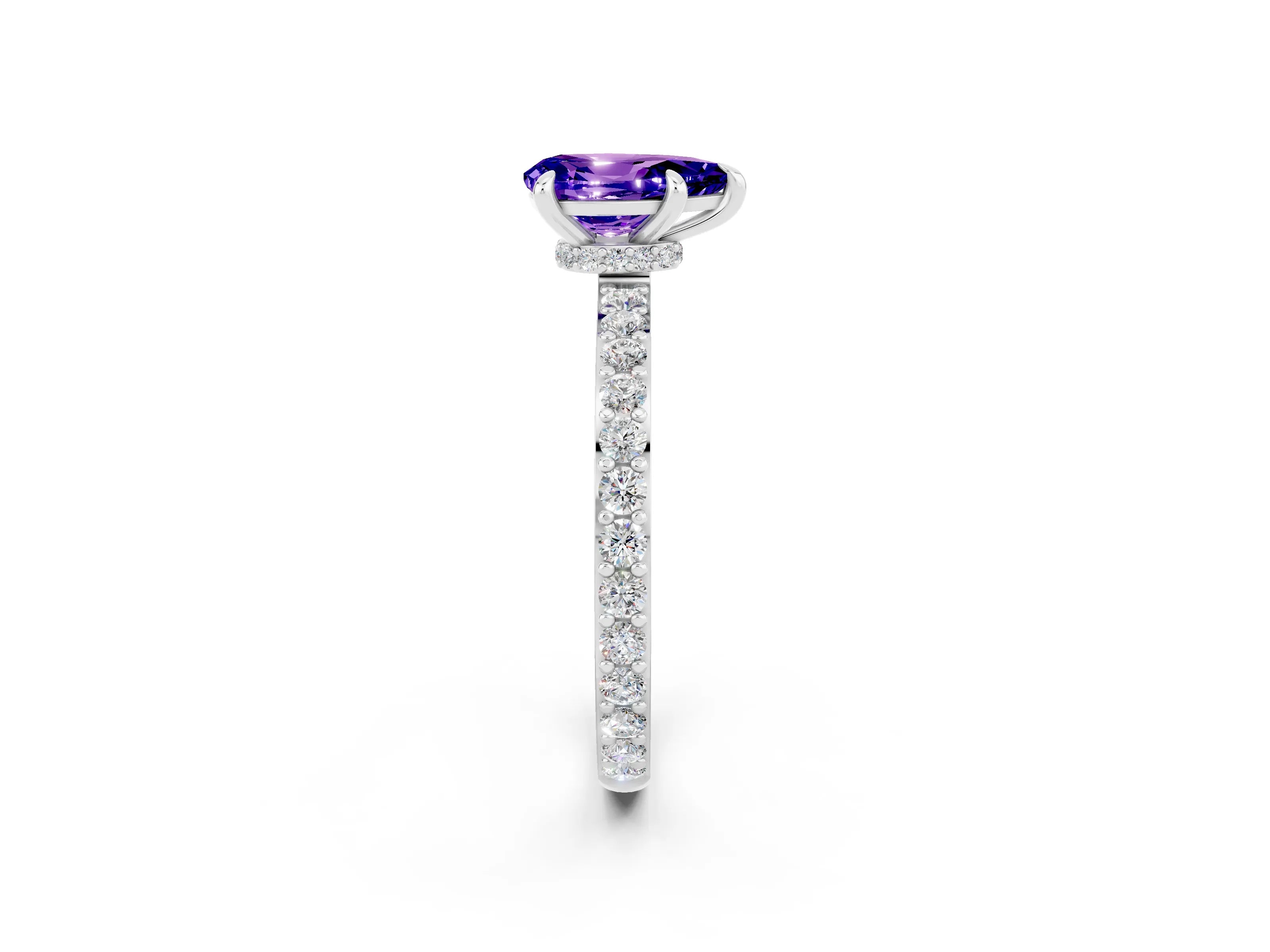 White gold Pear Cut Tanzanite Ring with Pavé Band and Four-Prong Setting_2