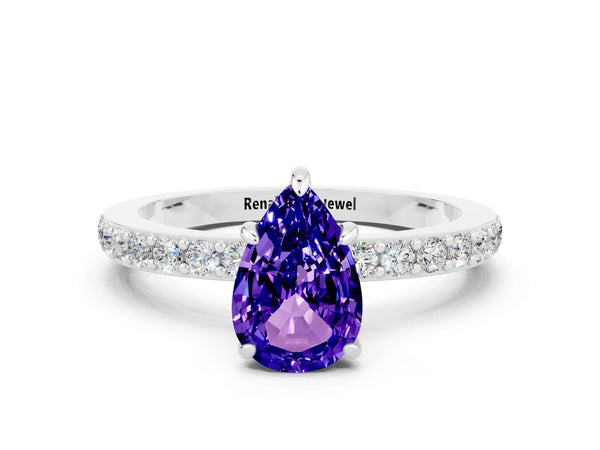 Silver Pear Cut Tanzanite Pavé Engagement Ring with Round  Accents and Prong Setting