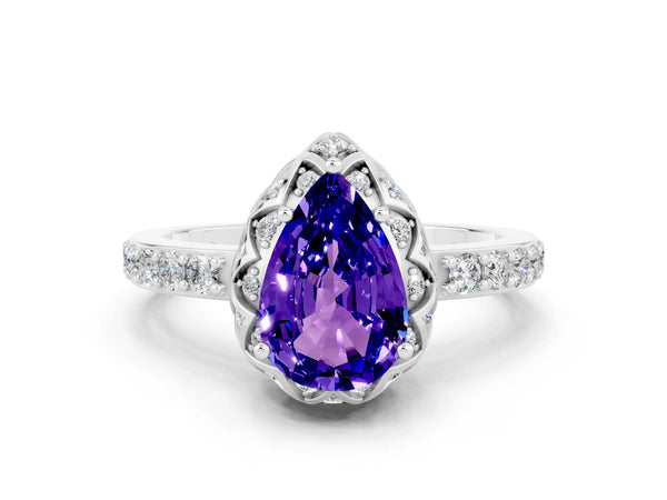 White gold Pear Cut Tanzanite Scalloped Halo Engagement Ring with Round Shared Prong Band