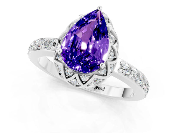 Platinum Pear Cut Tanzanite Scalloped Halo Engagement Ring with Round Shared Prong Band