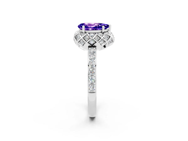 Silver Pear Cut Tanzanite Scalloped Halo Engagement Ring with Round Shared Prong Band