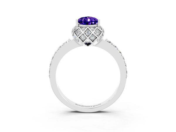 Silver Pear Cut Tanzanite Scalloped Halo Engagement Ring with Round Shared Prong Band
