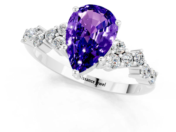 Silver Pear Cut Tanzanite Scattered Round Accent Ring with Prong Setting