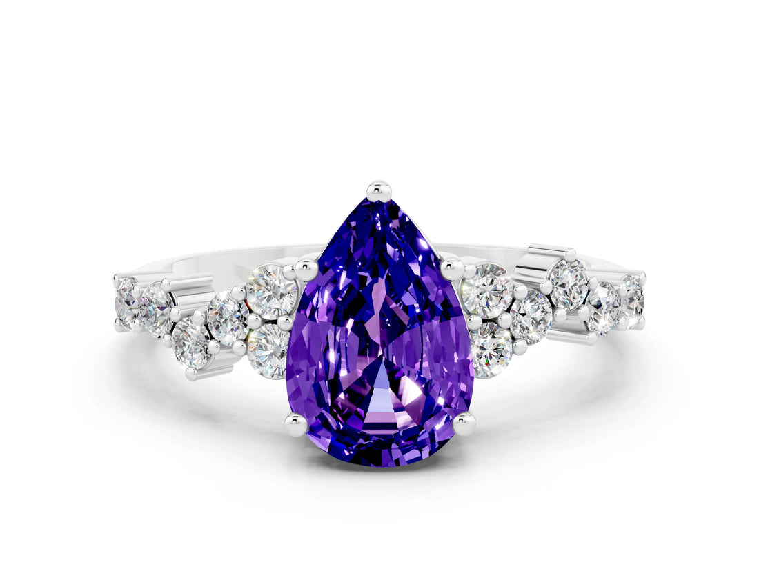 White gold Pear Cut Tanzanite Scattered Round Accent Ring with Prong Setting_24