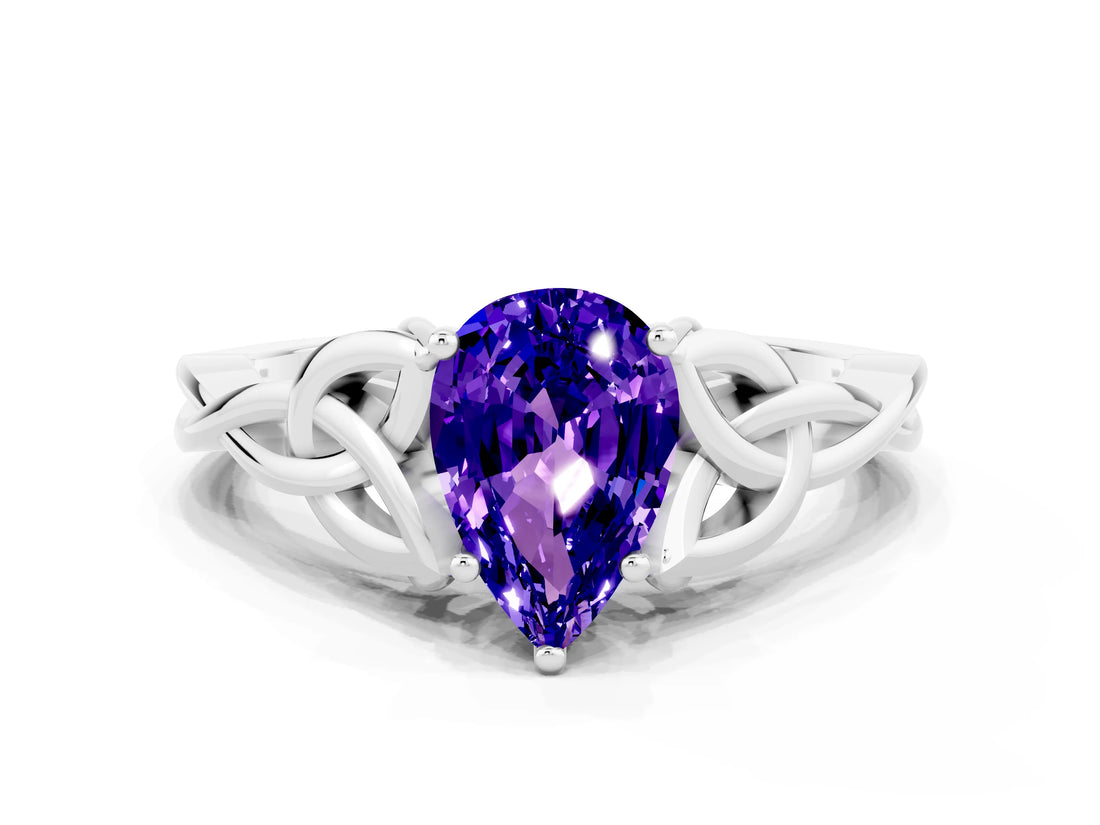 White gold Pear Cut Tanzanite Solitaire Celtic Knot Ring with Four-Prong Setting_12