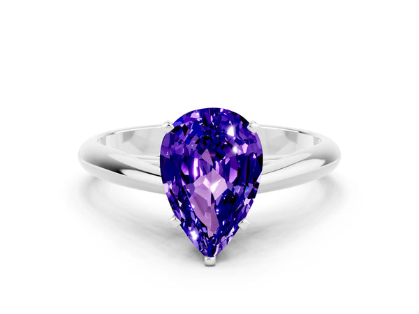 White gold Pear Cut Tanzanite Solitaire Engagement Ring with Cathedral Setting and Four-Prong Mount