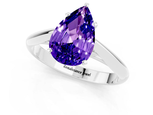 White gold Pear Cut Tanzanite Solitaire Engagement Ring with Cathedral Setting and Four-Prong Mount