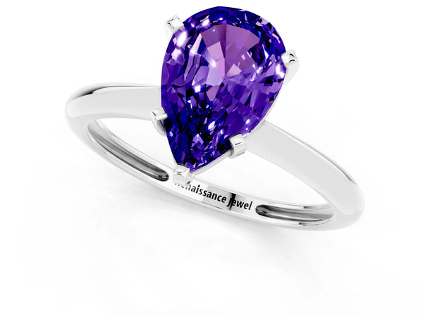 White gold Pear Cut Tanzanite Solitaire Engagement Ring with Classic Band and Four-Prong Setting