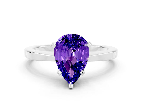 White gold Pear Cut Tanzanite Solitaire Engagement Ring with Classic Band and Four-Prong Setting