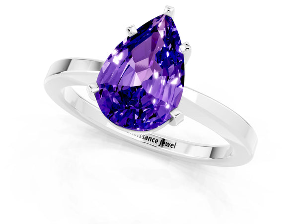 Platinum Pear Cut Tanzanite Solitaire Engagement Ring with Classic Band and Four-Prong Setting