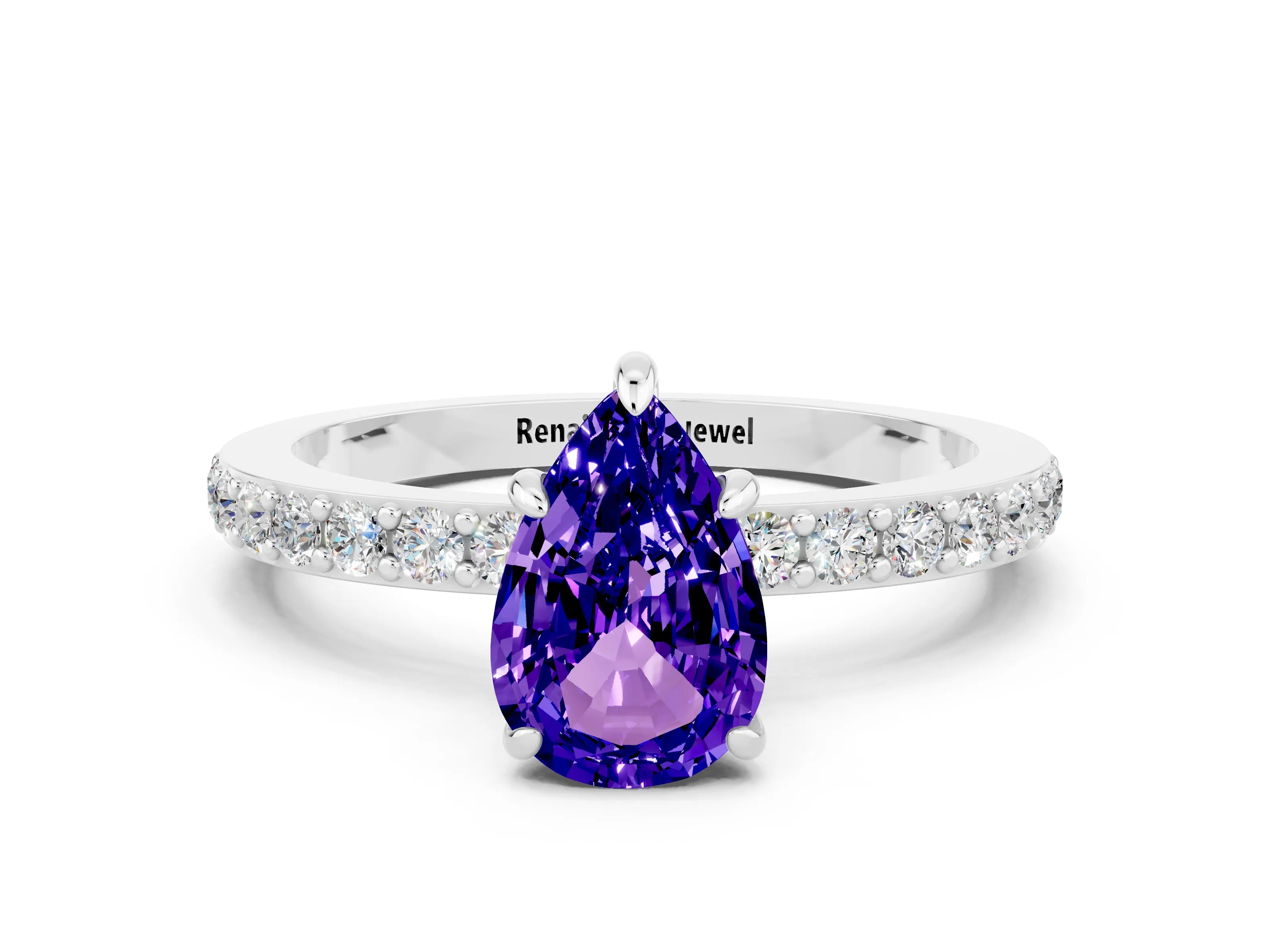 White gold Pear Cut Tanzanite Solitaire Engagement Ring with Pavé Band and Four-Prong Setting