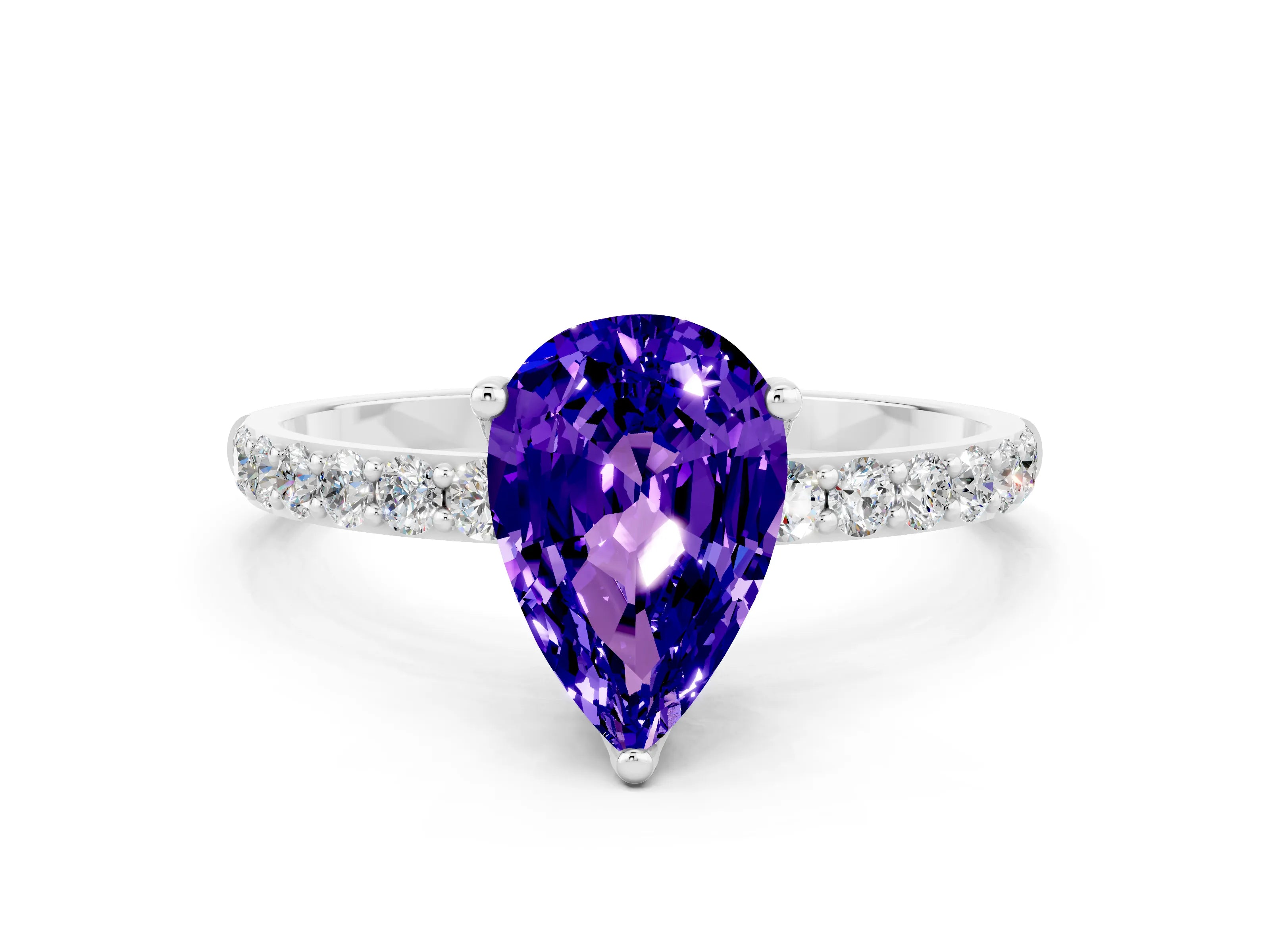 White gold Pear Cut Tanzanite Solitaire Engagement Ring with Pavé Band and Prong Setting
