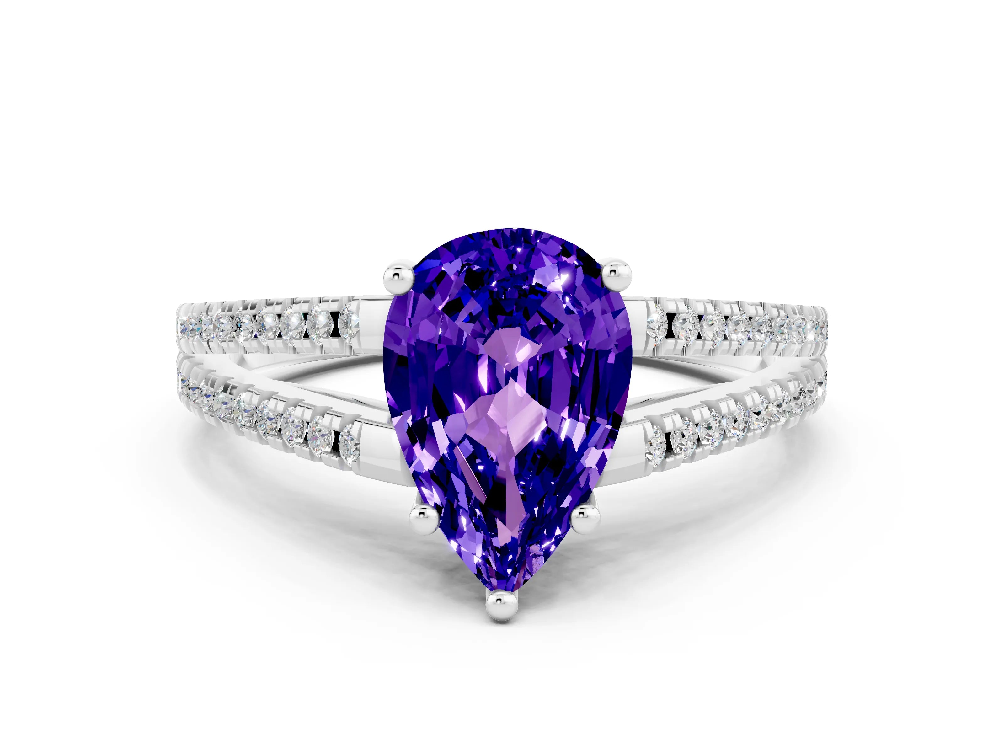 White gold Pear Cut Tanzanite Solitaire Engagement Ring with Split Shank Pavé Band