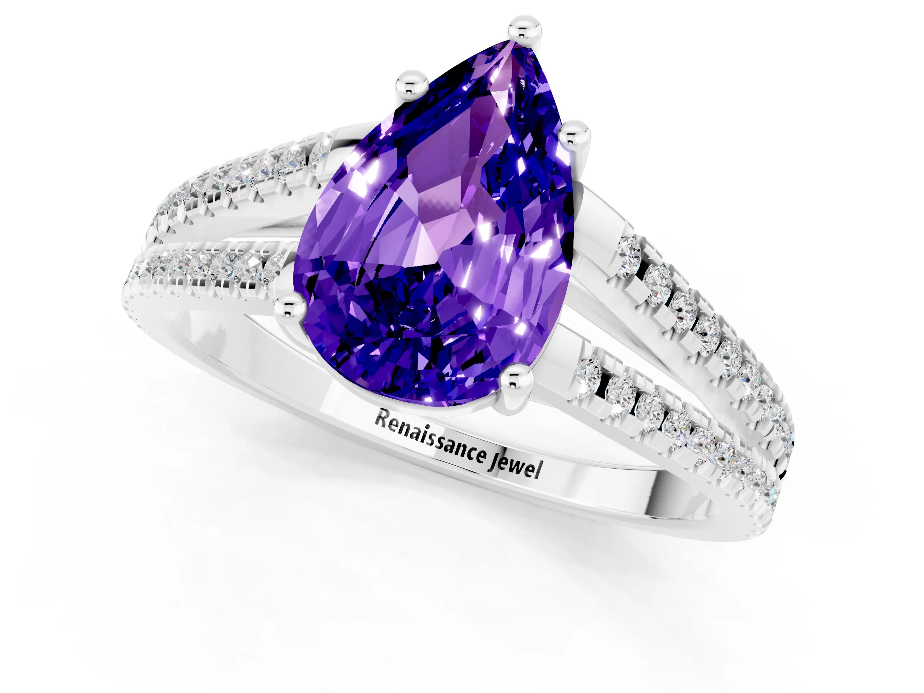 White gold Pear Cut Tanzanite Solitaire Engagement Ring with Split Shank Pavé Band_1