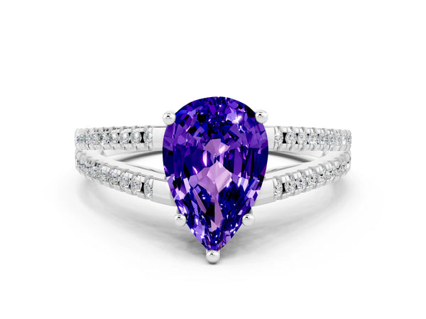 Silver Pear Cut Tanzanite Solitaire Engagement Ring with Split Shank Pavé Band