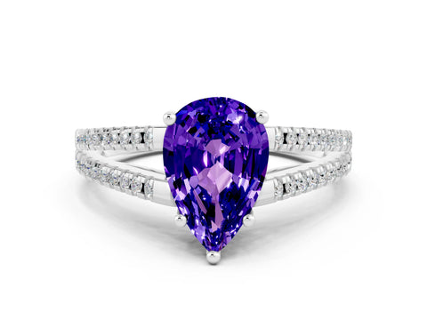 White gold Pear Cut Tanzanite Solitaire Engagement Ring with Split Shank Pavé Band