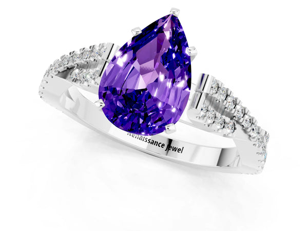Silver Pear Cut Tanzanite Solitaire Engagement Ring with Twisted Pavé Band and Four-Prong Setting
