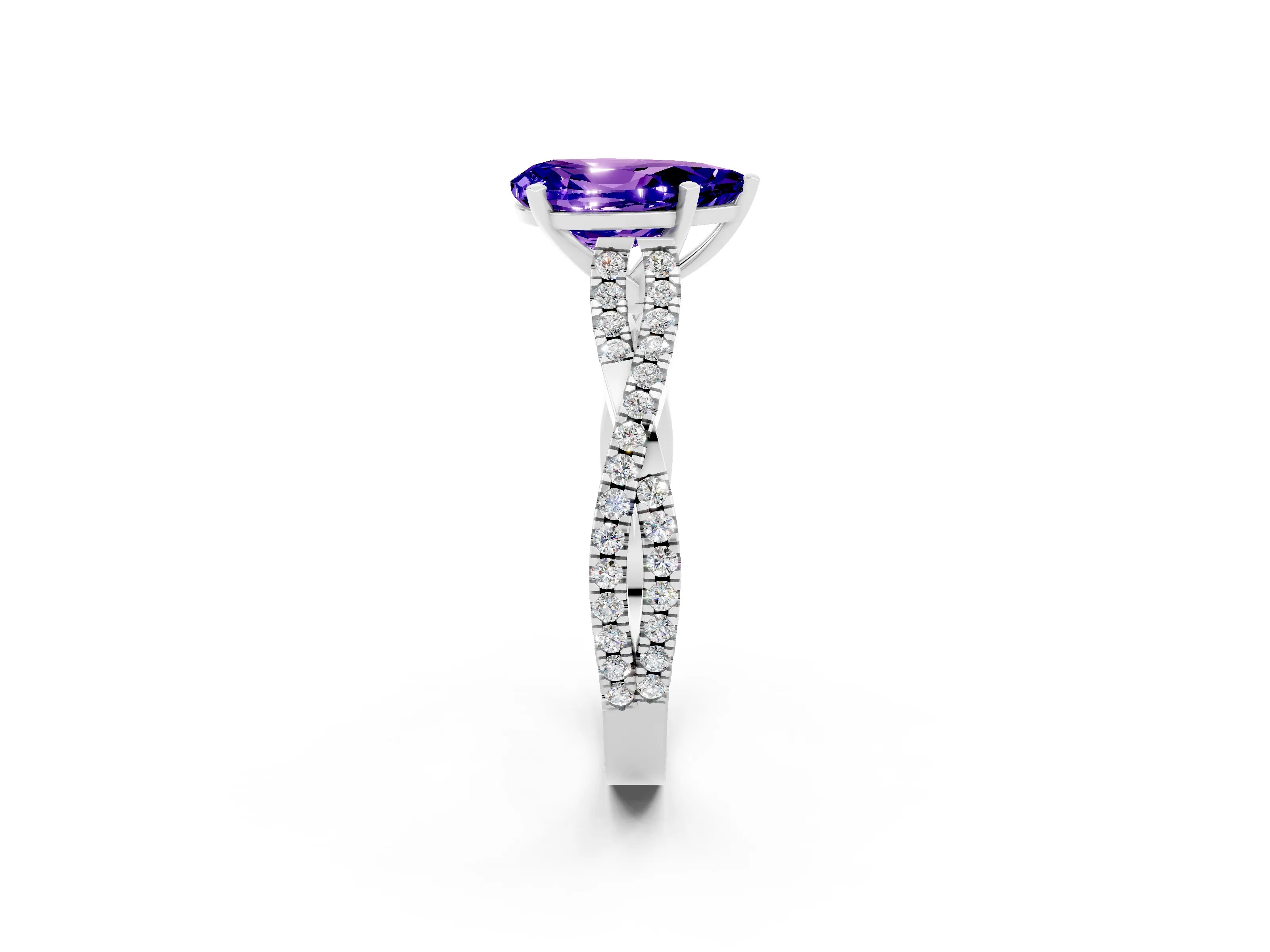 White gold Pear Cut Tanzanite Solitaire Engagement Ring with Twisted Pavé Band and Four-Prong Setting_2