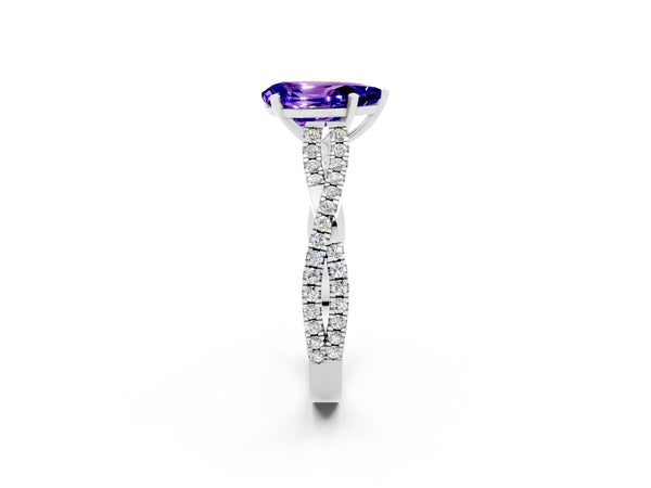 White gold Pear Cut Tanzanite Solitaire Engagement Ring with Twisted Pavé Band and Four-Prong Setting